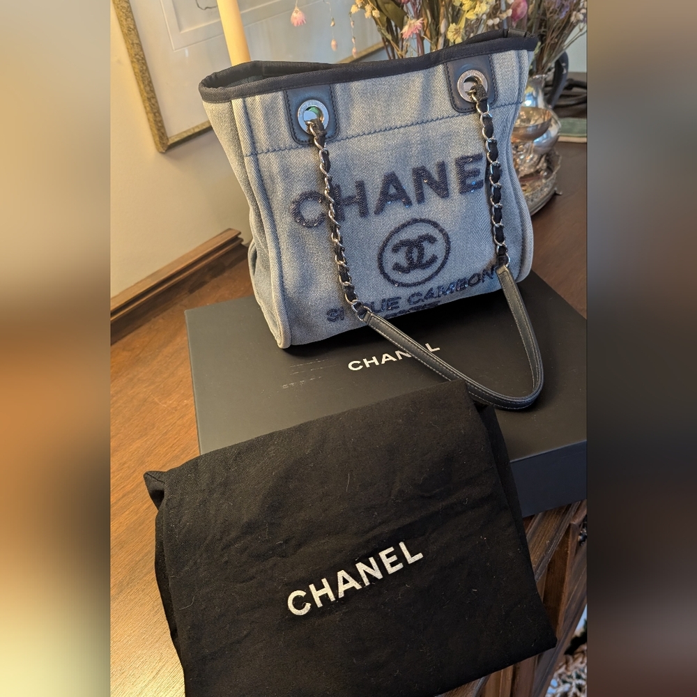 Chanel Blue‎ Denim Sequin Deauville Tote Bag - Picture 15 of 16